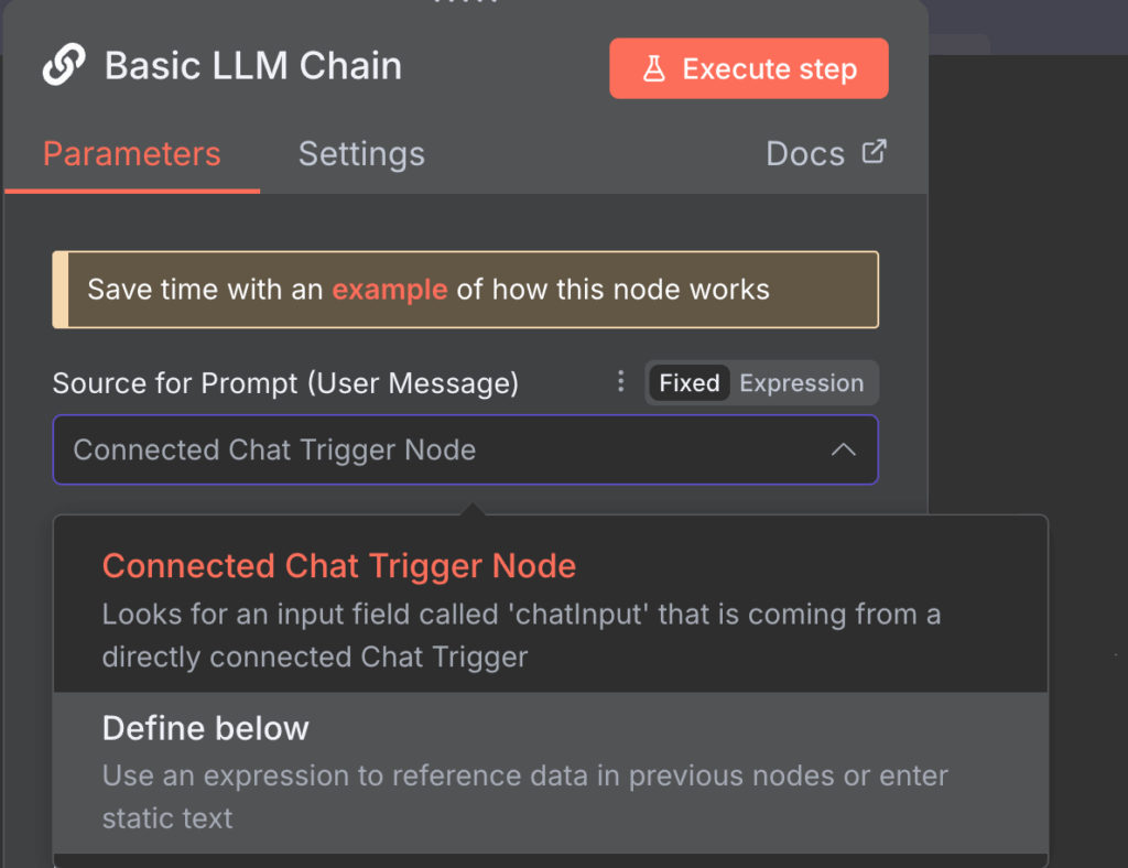 Options de source de prompt de Basic LLM Chain