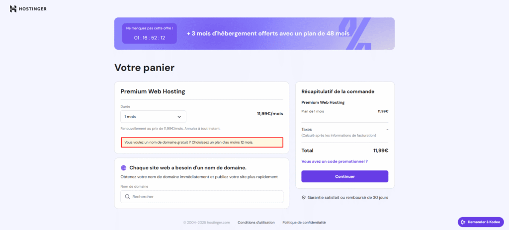 Panier Hostinger, mettant en avant le message de vente incitative