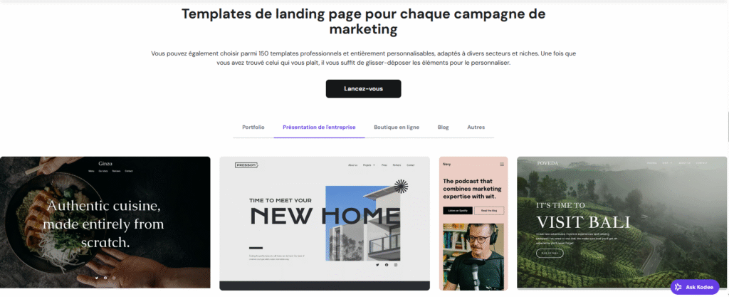 Template de landing page proposé par le créateur de sites internet de Hostinger