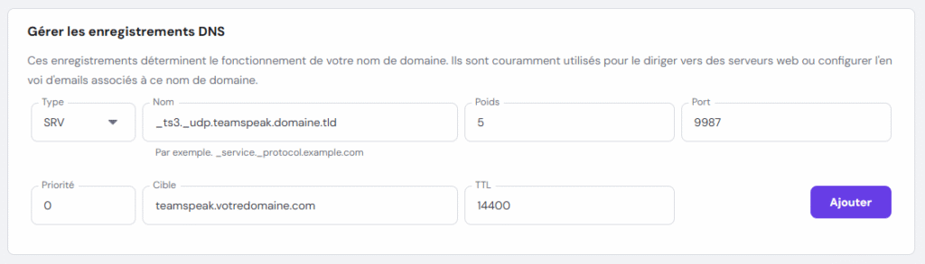 Nouvelle fenêtre de création d'enregistrement SRV sur hPanel