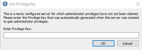 Fenêtre du client TeamSpeak affichant l'invite du jeton d'administrateur du serveur