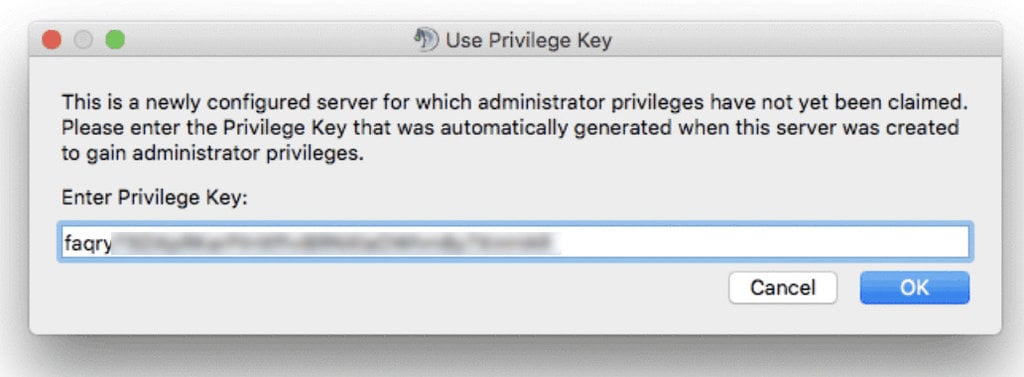 Fenêtre du client TeamSpeak demandant de saisir le jeton d'administrateur
