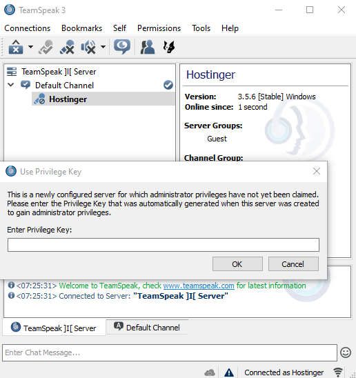 Fenêtre du client TeamSpeak demandant un jeton d'administrateur.