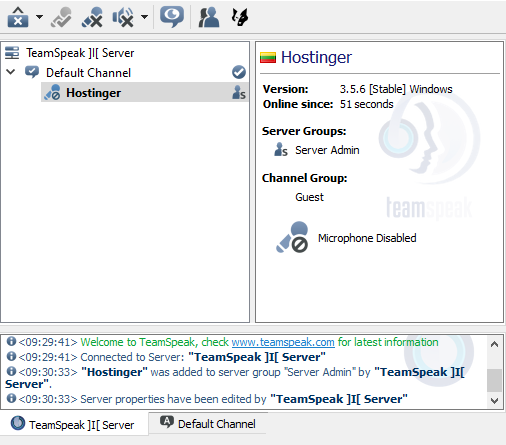 La fenêtre principale du client TeamSpeak lorsqu'un utilisateur se connecte à un serveur