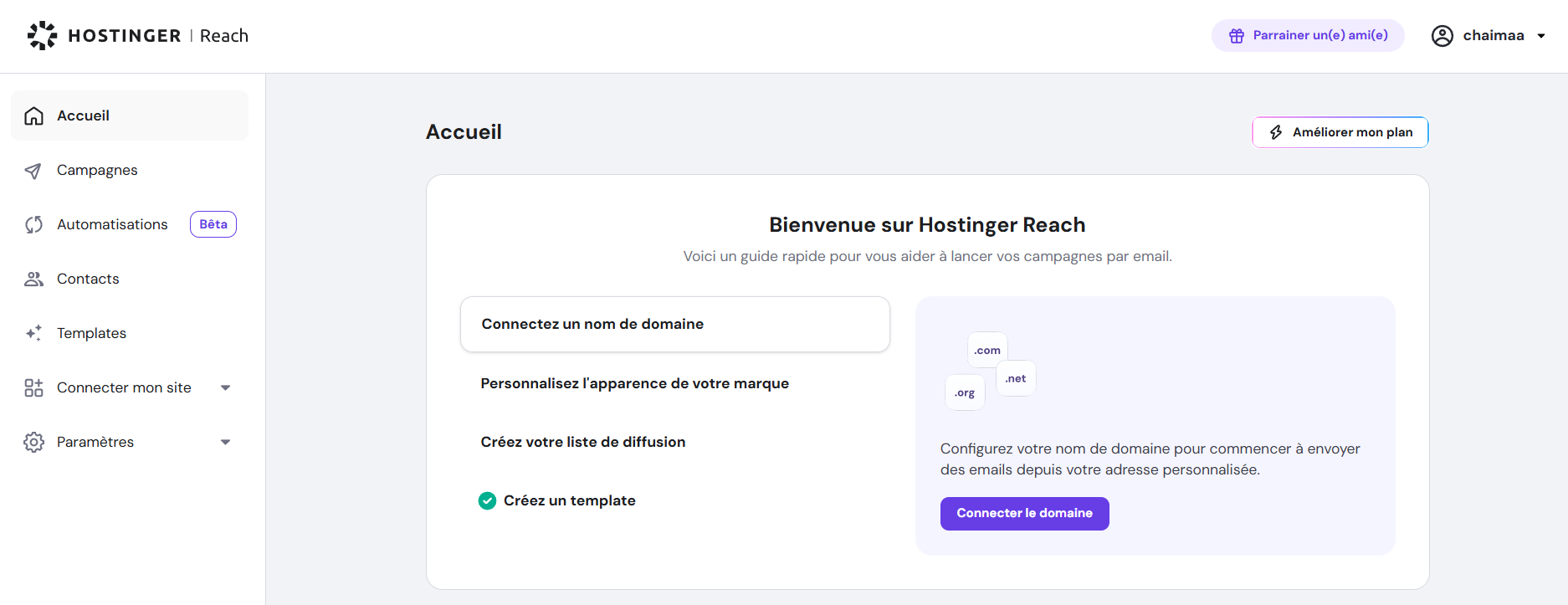 Tableau de bord Hostinger Reach