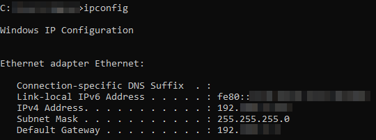 Invite de commande affichant le résultat de la commande ipconfig
