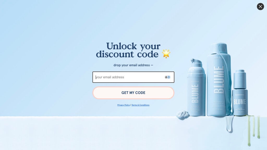 Une fenêtre contextuelle sur le site de Blume invitant les clients à s'inscrire à leur liste de diffusion.
