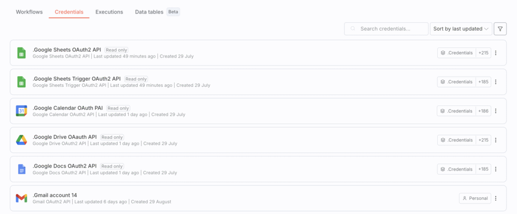 Menu « Identifiants » de n8n.