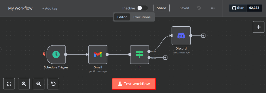 Vue du flux de travail n8n avec un bouton « Tester le flux de travail » mis en évidence