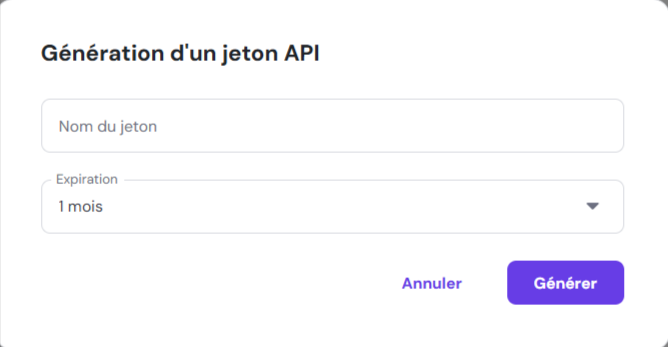Fenêtre de génération de clé API Hostinger