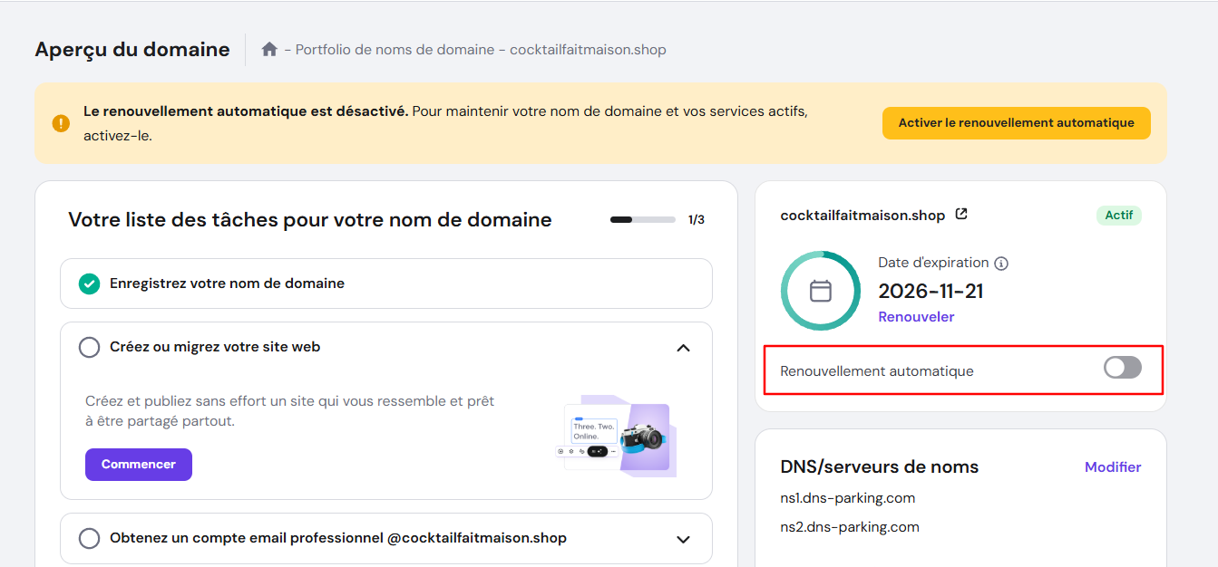 Page Aperçu du domaine d'Hostinger, mettant en évidence le bouton d'activation du renouvellement automatique.