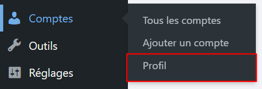 Le menu Profil dans la barre latérale d'administration de WordPress
