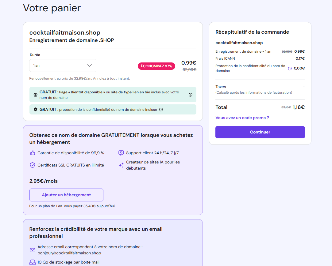 Page Panier Hostinger