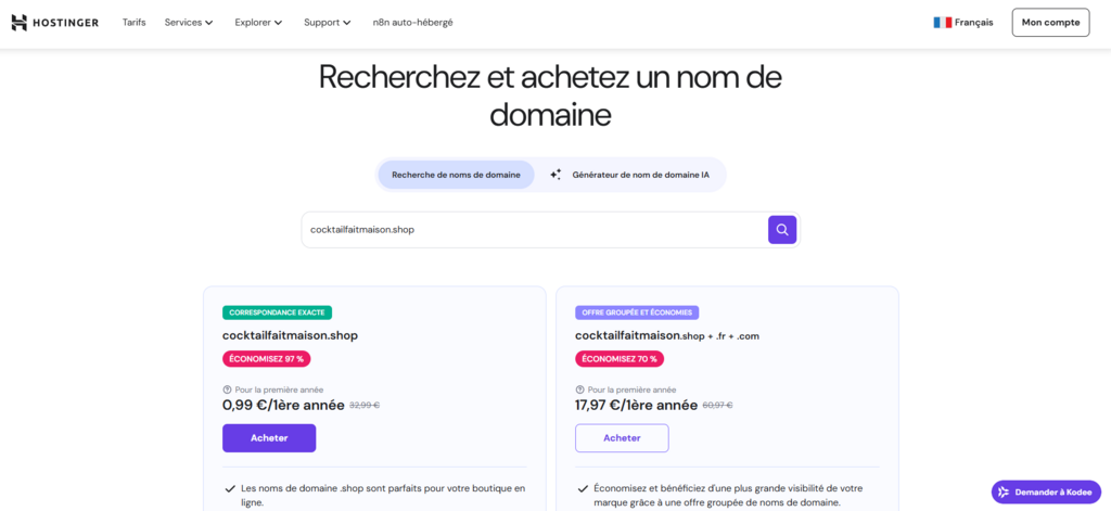 G&eacute;n&eacute;rateur de nom de domaine Hostinger affichant un r&eacute;sultat de recherche