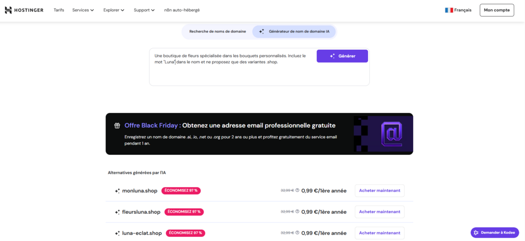 G&eacute;n&eacute;rateur de nom de domaine Hostinger IA affichant les options bas&eacute;es sur le prompt