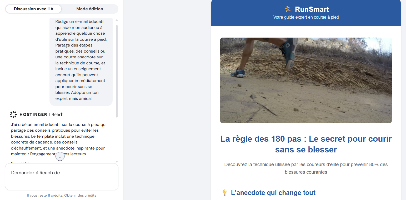 Éditeur de campagne email dans Hostinger Reach