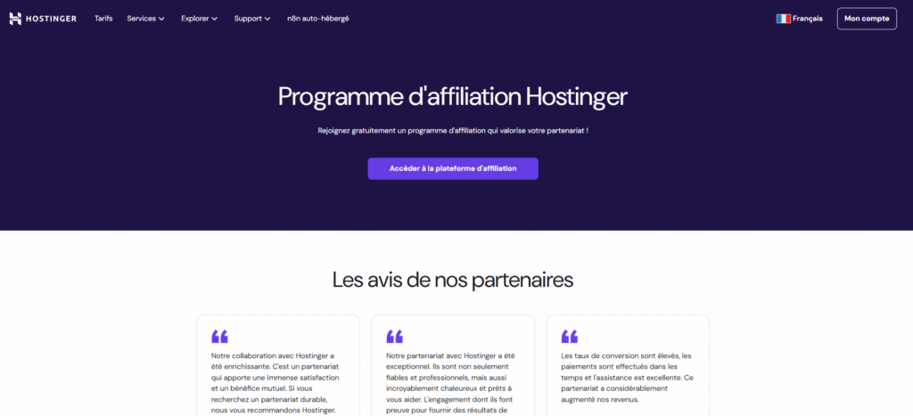 Page du programme d'affiliation de Hostinger