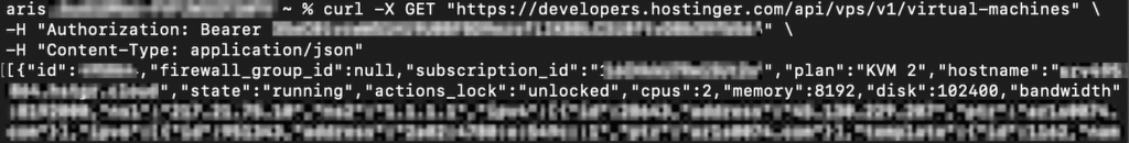 Sortie de l'appel API de la commande cURL