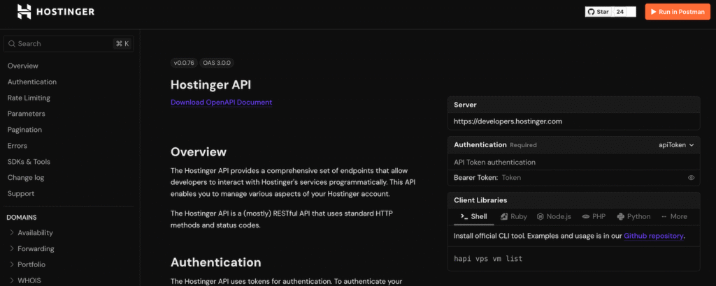Page de documentation de l'API Hostinger