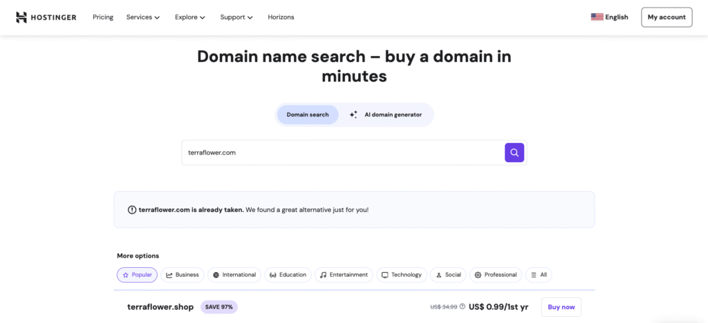 Recherche de nom de domaine Hostinger, affichant les alternatives pour un nom de domaine déjà pris