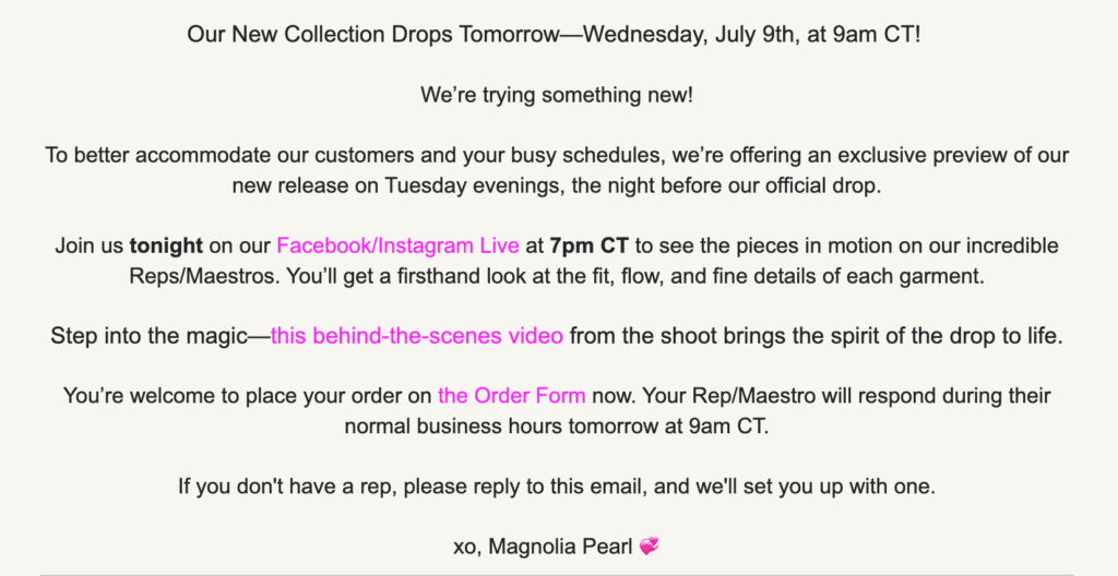 Campagne d'email marketing Magnolia Pearl présentant les détails de l'engagement