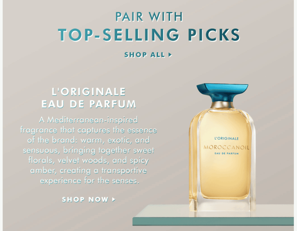 Campagne promotionnelle par e-mail de Moroccan Oil présentant les articles les plus vendus