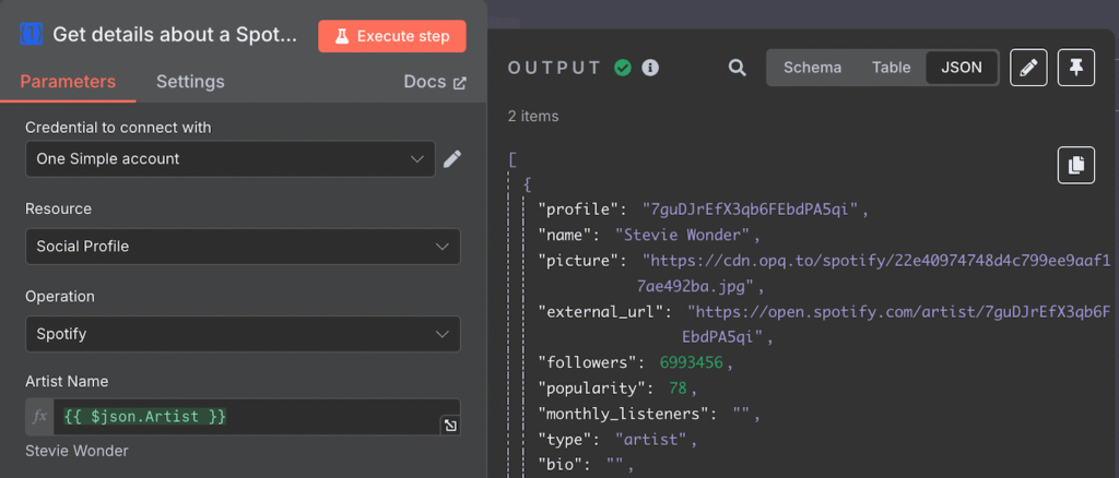 Exemple de sortie de OneSimpleAPI où il récupère des données à l'aide de l'API de Spotify