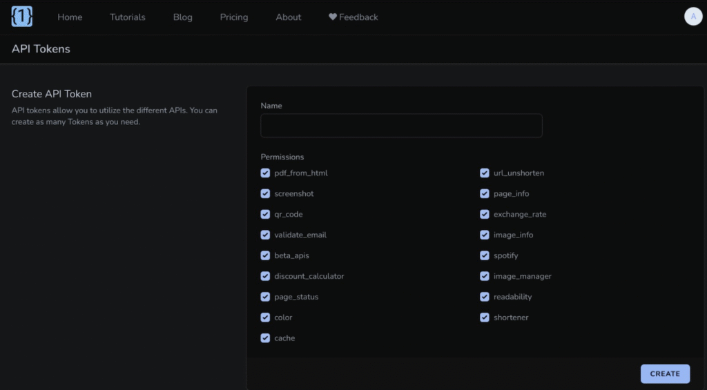 Menu de configuration des jetons OneSimpleAPI