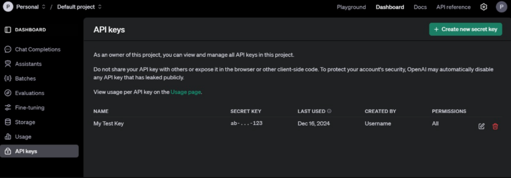 Page de génération de clés API OpenAI