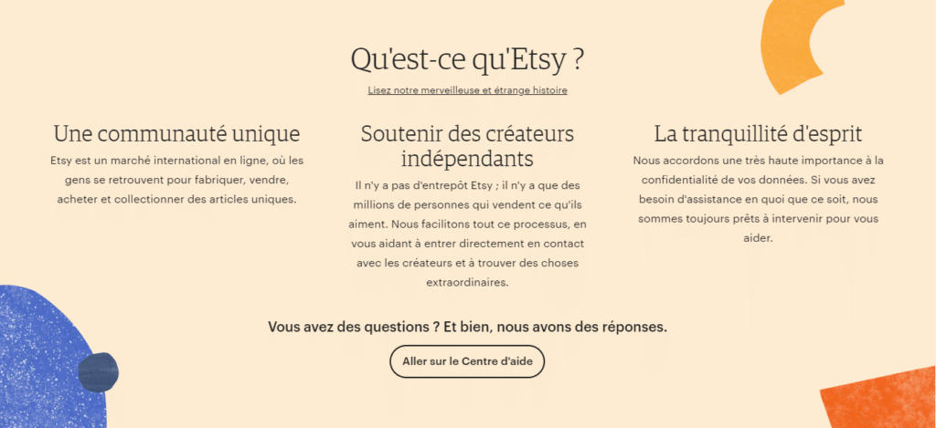 La section Qu'est-ce qu'Etsy sur la page d'accueil d'Etsy