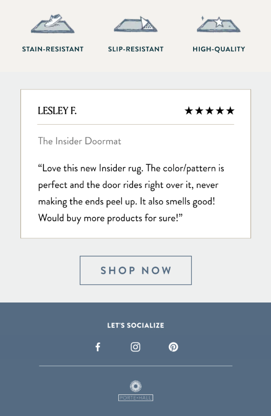 Campagne d'e-mails Porte + Hall, présentant un avis client et des icônes sociales