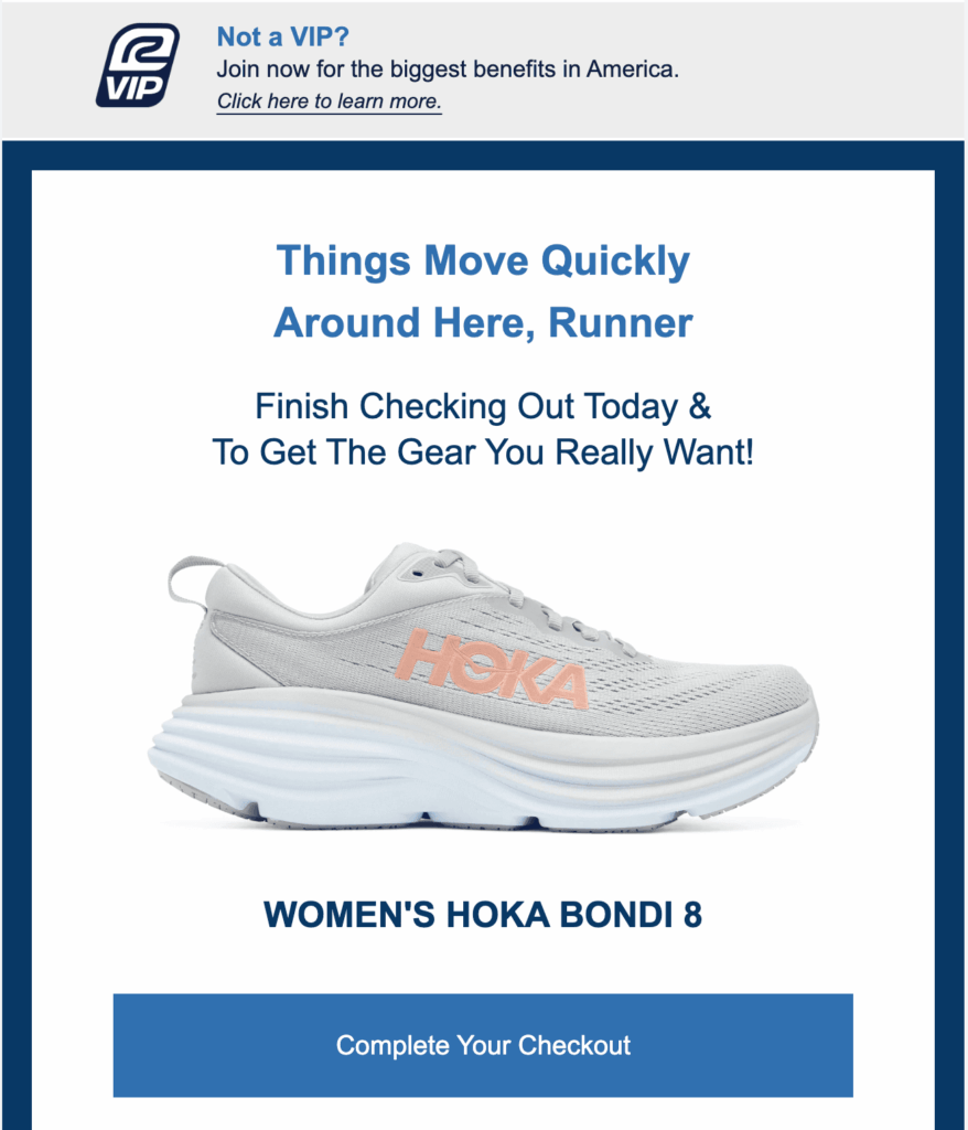 Campagne marketing par e-mail Road Runner pour les paniers abandonnés