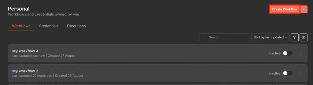 Le bouton Créer un flux de travail sur n8n