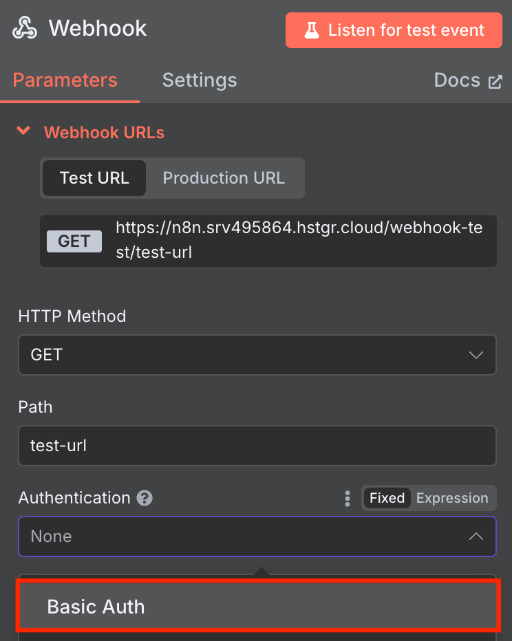 Configuration de la méthode d'authentification du nœud Webhook dans n8n