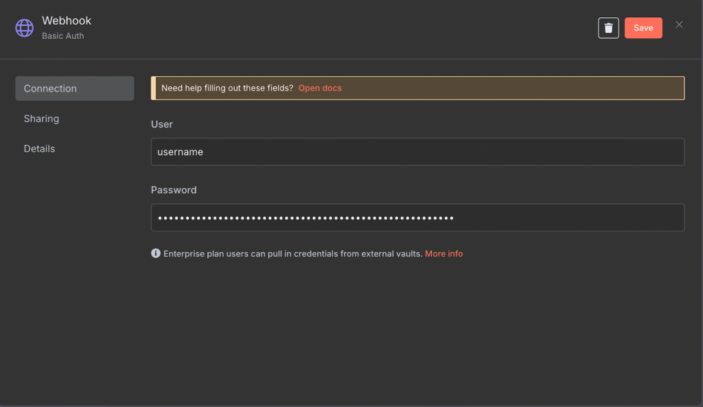 Fenêtre de configuration de l'authentification de base du nœud Webhook