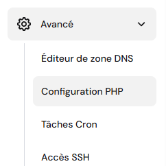 Menu avancé de hPanel avec la configuration PHP mise en évidence.