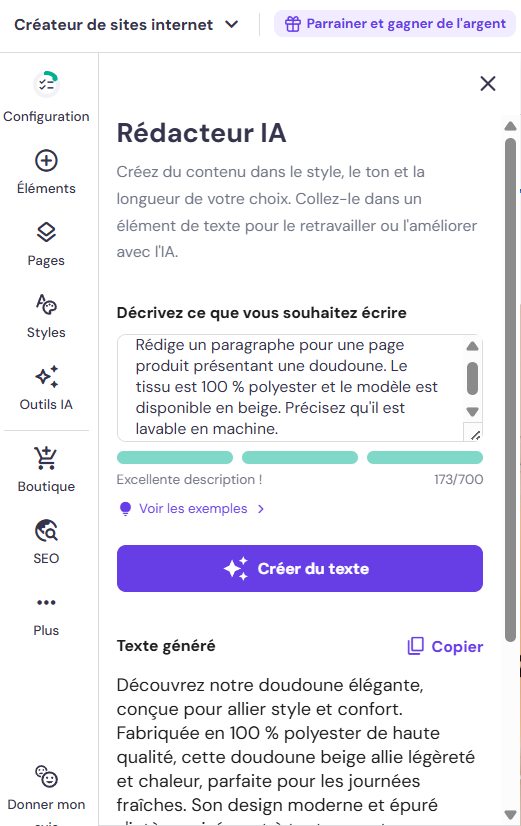 Interface du rédacteur IA dans le créateur de sites internet de Hostinger