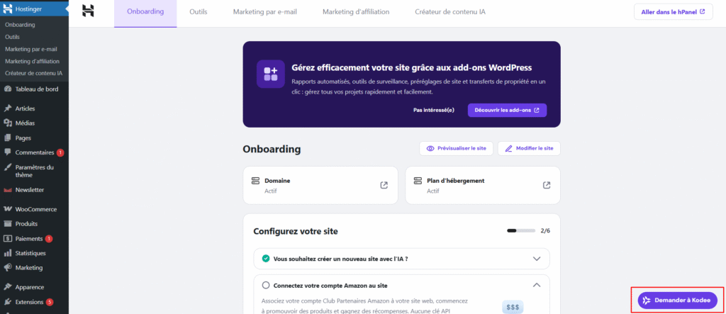 Le bouton Kodee sur le tableau de bord d'administration WordPress