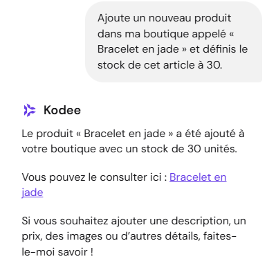Kodee cr&eacute;e un nouveau produit et d&eacute;finit la quantit&eacute; en stock sur WooCommerce.