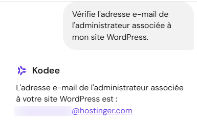 Kodee vérifie l'adresse e-mail de l'administrateur d'un site web WordPress.