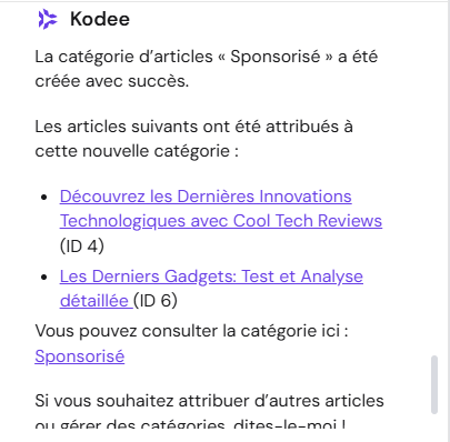 Kodee crée et gère une catégorie d'articles dans WordPress.