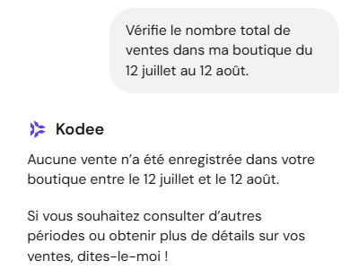 Kodee vérifie le nombre de ventes sur une boutique en ligne WooCommerce.