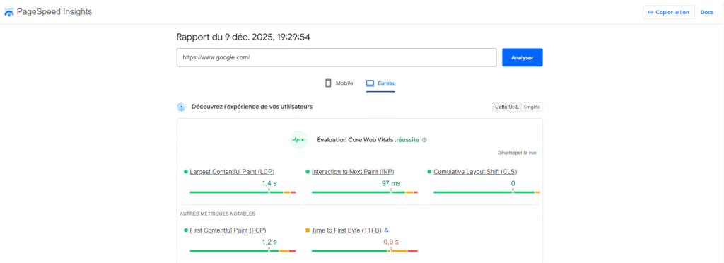 Résultat de l'analyse effectuée par Google PageSpeed Insights