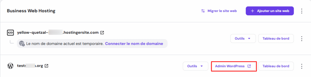 Le bouton Admin WordPress sur hPanel