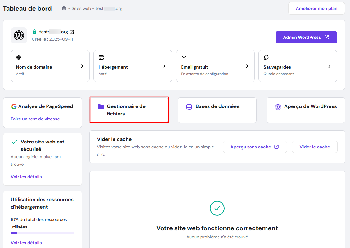 Tableau de bord hPanel, gestionnaire de fichiers mis en évidence