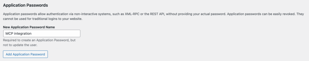 Le menu Création et gestion des mots de passe d'application sur WordPress