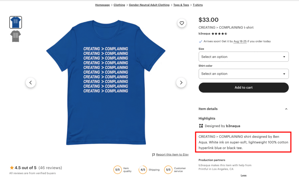 Page produit b3naqua, mettant en avant la description du produit qui souligne l'implication directe du vendeur dans le processus de conception