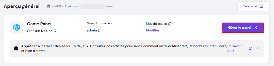 Le bouton G&eacute;rer le panel du VPS Hostinger