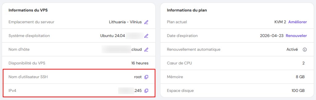 Identifiants d'acc&egrave;s SSH du serveur sur la page Aper&ccedil;u g&eacute;n&eacute;ral du VPS Hostinger