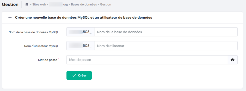 La page de gestion des bases de données sur hPanel
